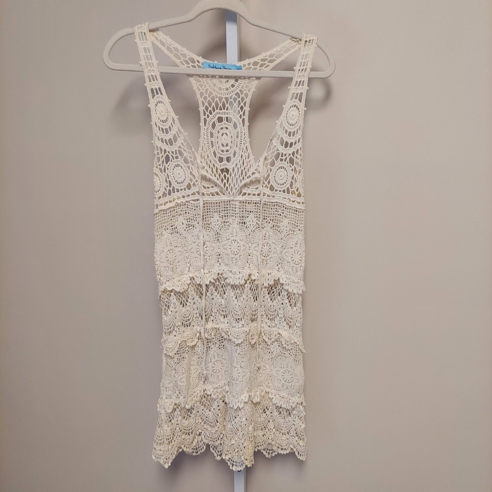 Womens Ivory Crochet Lace Swim Cover Up Dress Size M Boho Beach Resort Festival